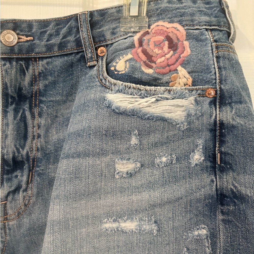 American Eagle, Blue Distressed Jean Shorts with Floral Embroidery, Sz. 14 - Picture 2 of 9